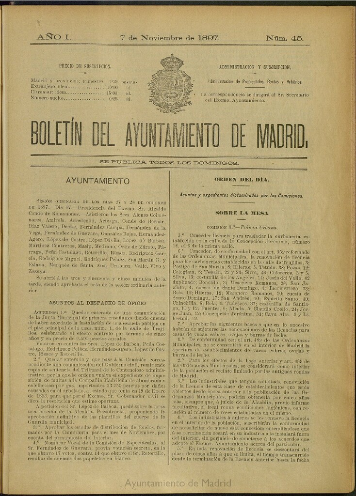 Miniatura de Boletín Oficial del Ayuntamiento de Madrid del 7 de noviembre de 1897, nº 45