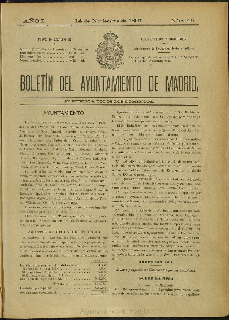 Miniatura de Boletín Oficial del Ayuntamiento de Madrid del 14 de noviembre de 1897, nº 46