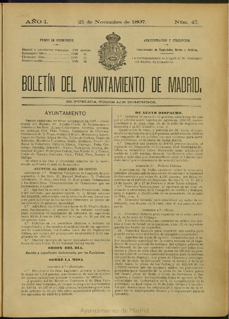 Miniatura de Boletín Oficial del Ayuntamiento de Madrid del 21 de noviembre de 1897, nº 47