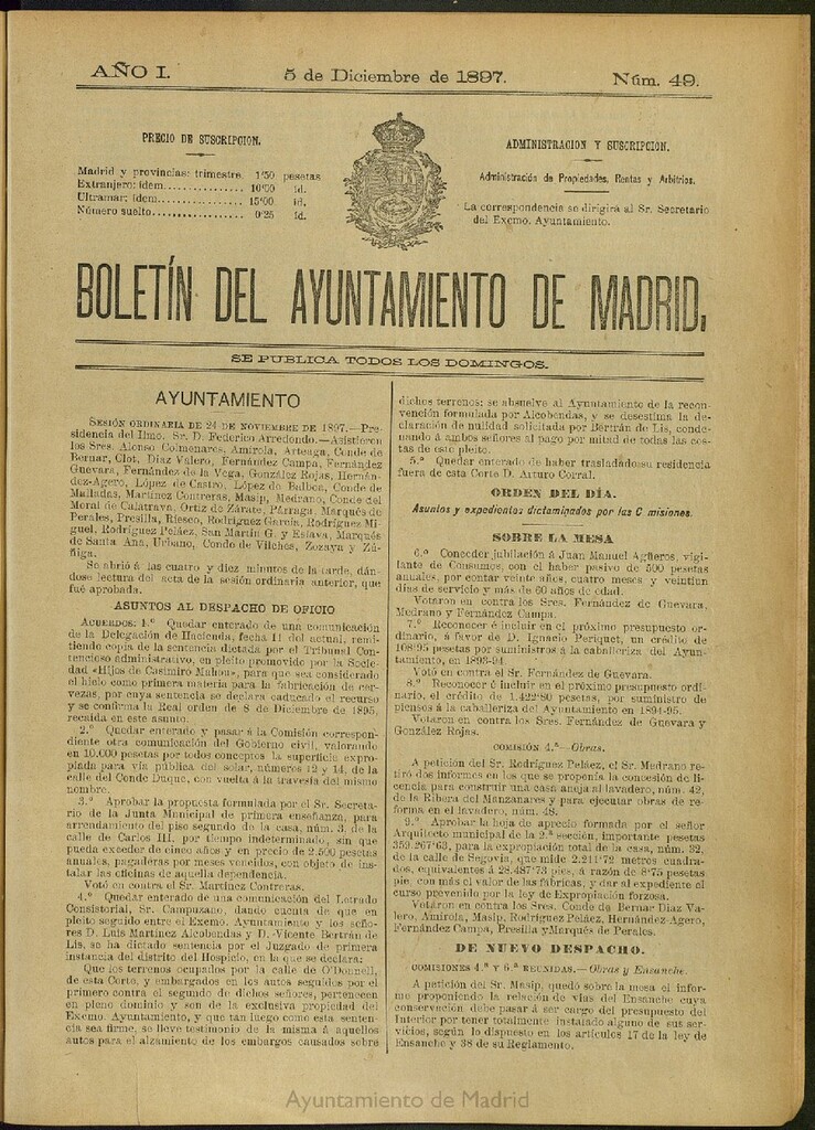 Miniatura de Boletín Oficial del Ayuntamiento de Madrid del 5 de diciembre de 1897, nº 49