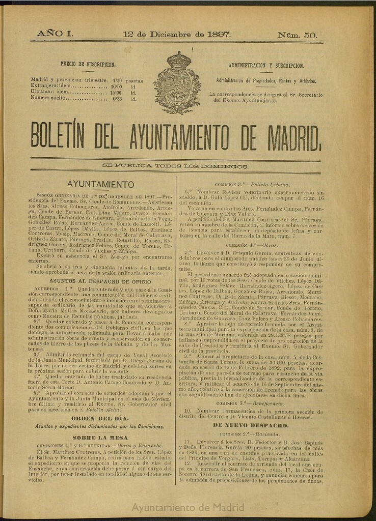 Miniatura de Boletín Oficial del Ayuntamiento de Madrid del 12 de diciembre de 1897, nº 50