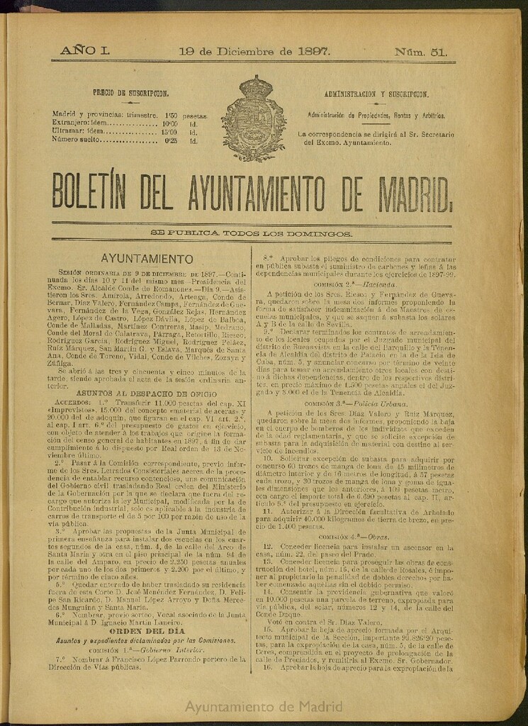 Miniatura de Boletín Oficial del Ayuntamiento de Madrid del 19 de diciembre de 1897, nº 51