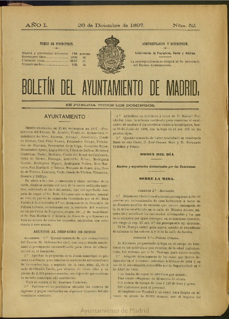 Miniatura de Boletín Oficial del Ayuntamiento de Madrid del 26 de diciembre de 1897, nº 52