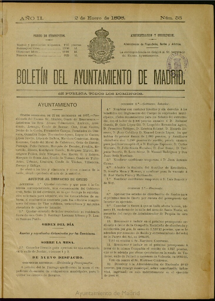 Miniatura de Boletín Oficial del Ayuntamiento de Madrid del 2 de enero de 1898, nº 53