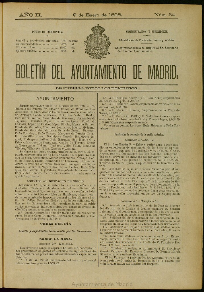 Miniatura de Boletín Oficial del Ayuntamiento de Madrid del 9 de enero de 1898, nº 54