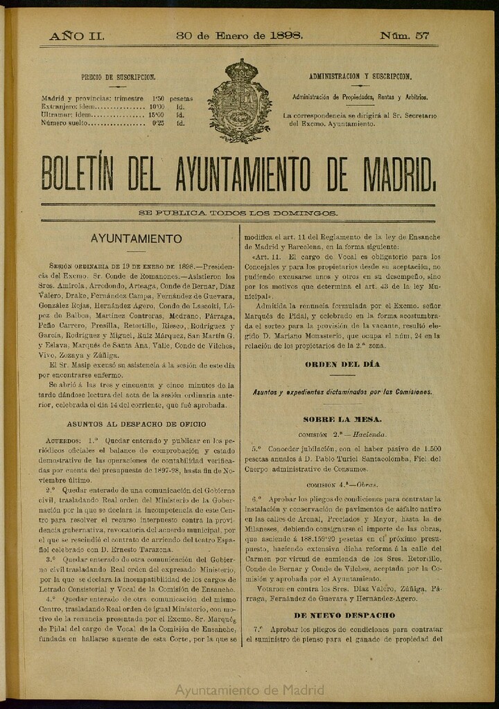 Miniatura de Boletín Oficial del Ayuntamiento de Madrid del 30 de enero de 1898, nº 57
