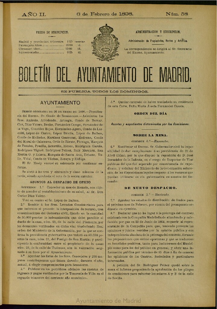 Miniatura de Boletín Oficial del Ayuntamiento de Madrid del 6 de febrero de 1898, nº 58