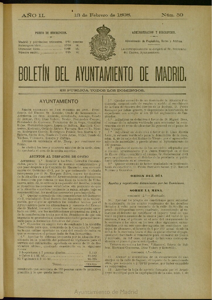 Miniatura de Boletín Oficial del Ayuntamiento de Madrid del 13 de febrero de 1898, nº 59