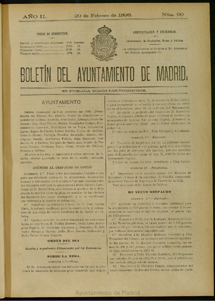 Miniatura de Boletín Oficial del Ayuntamiento de Madrid del 20 de febrero de 1898, nº 60