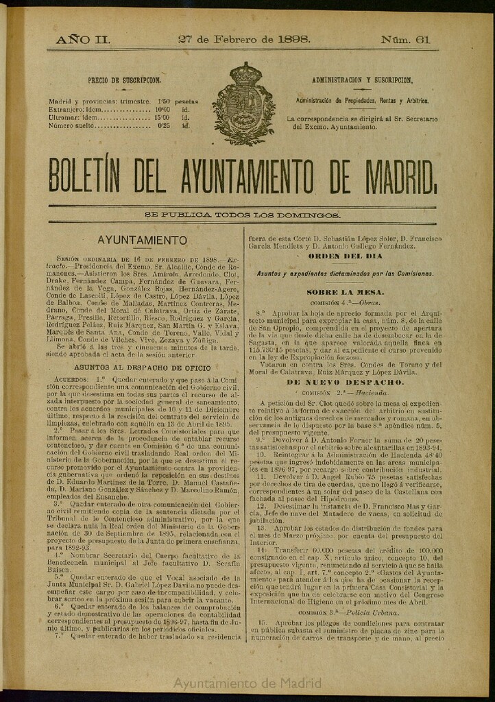 Miniatura de Boletín Oficial del Ayuntamiento de Madrid del 27 de febrero de 1898, nº 61