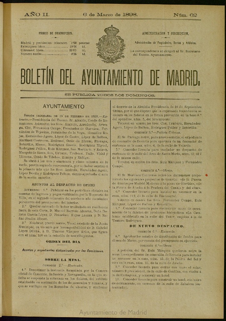 Miniatura de Boletín Oficial del Ayuntamiento de Madrid del 6 de marzo de 1898, nº 62