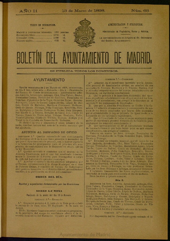 Miniatura de Boletín Oficial del Ayuntamiento de Madrid del 13 de marzo de 1898, nº 63