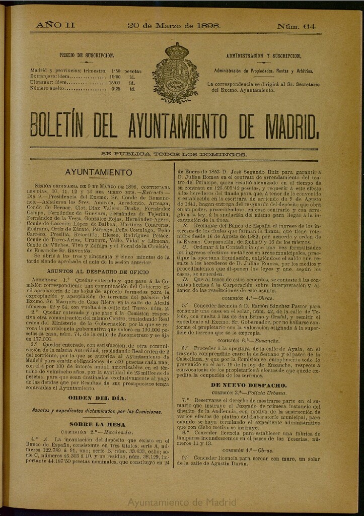 Miniatura de Boletín Oficial del Ayuntamiento de Madrid del 20 de marzo de 1898, nº 64