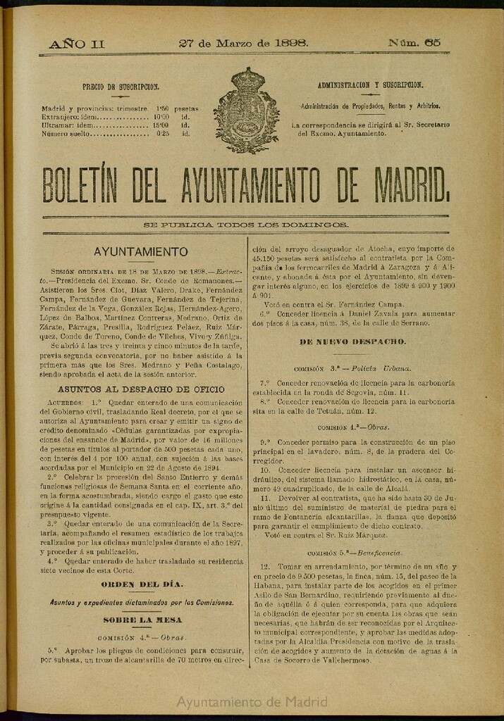Miniatura de Boletín Oficial del Ayuntamiento de Madrid del 27 de marzo de 1898, nº 65