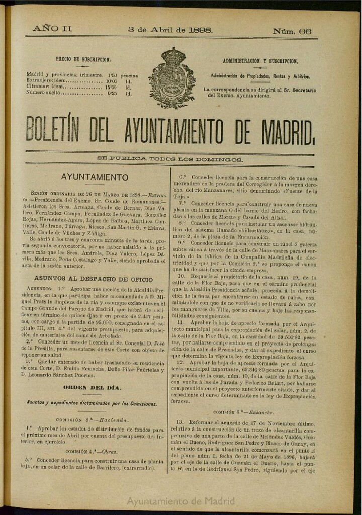Miniatura de Boletín Oficial del Ayuntamiento de Madrid del 3 de abril de 1898, nº 66