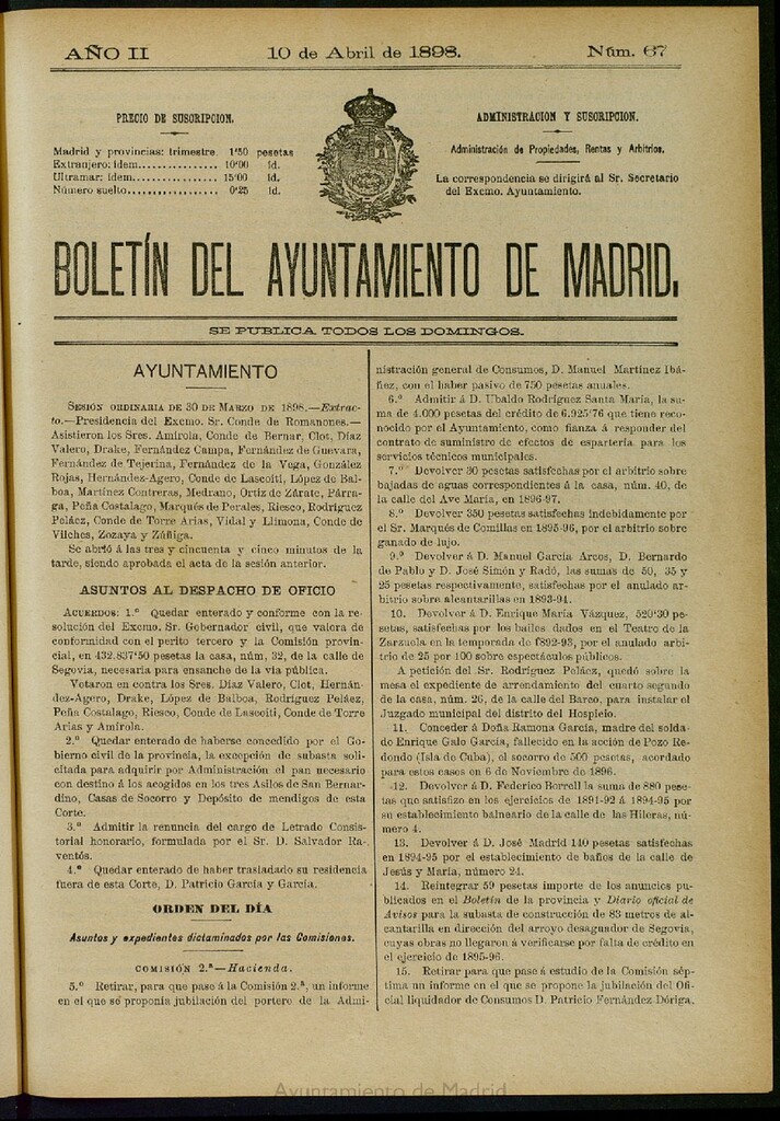Miniatura de Boletín Oficial del Ayuntamiento de Madrid del 10 de abril de 1898, nº 67