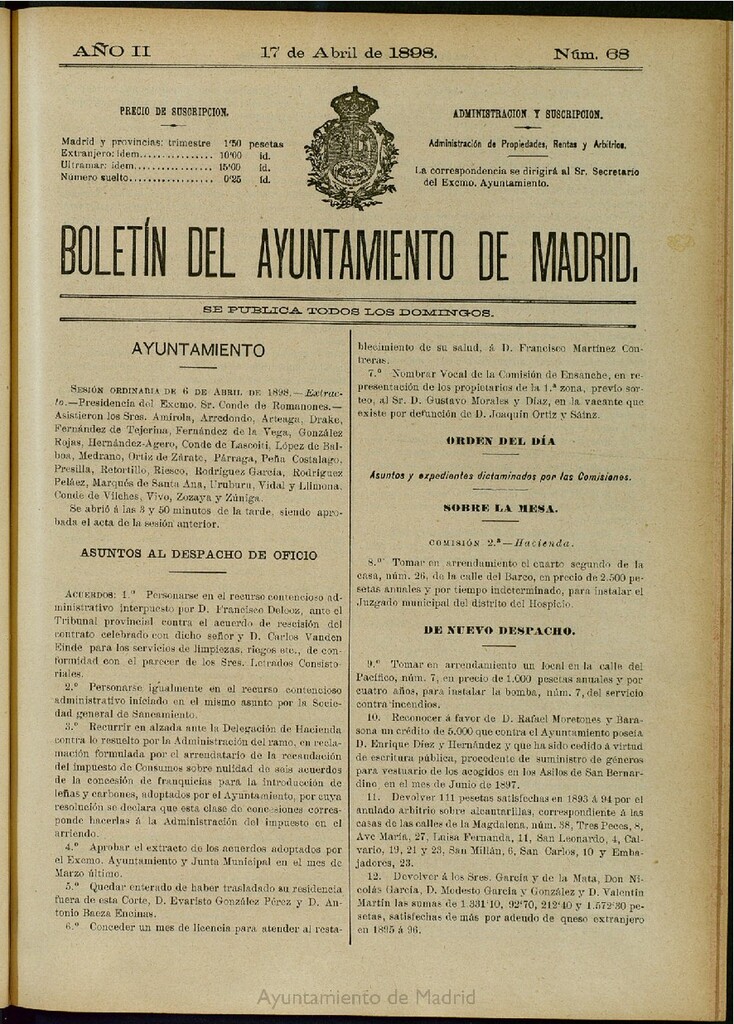 Miniatura de Boletín Oficial del Ayuntamiento de Madrid del 17 de abril de 1898, nº 68