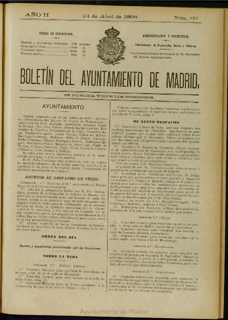 Miniatura de Boletín Oficial del Ayuntamiento de Madrid del 24 de abril de 1898, nº 69