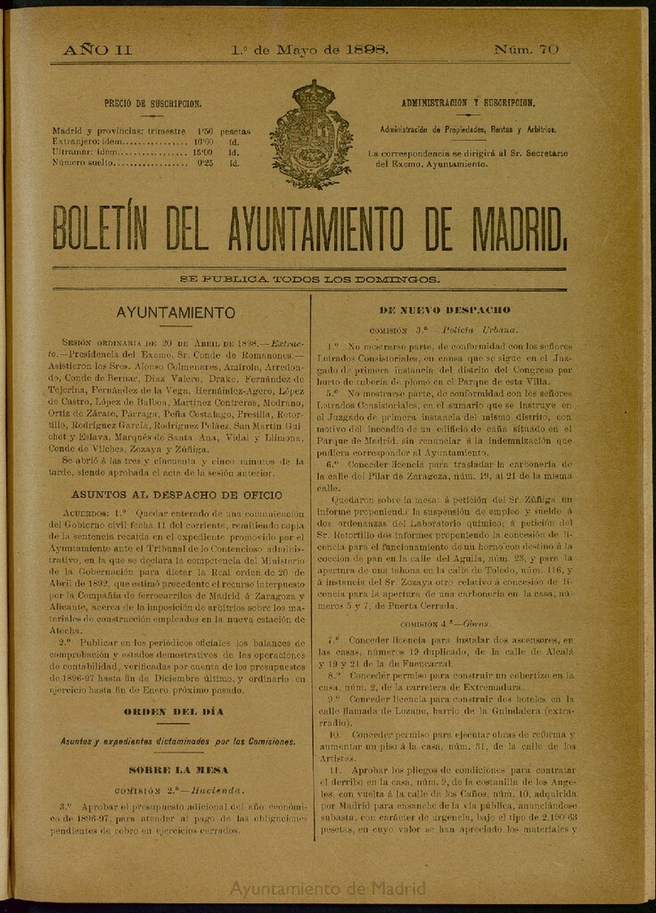 Miniatura de Boletín Oficial del Ayuntamiento de Madrid del 1 de mayo de 1898, nº 70