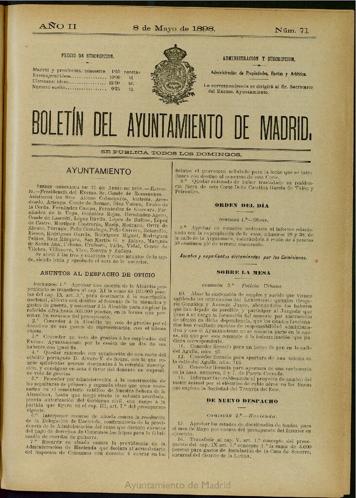 Miniatura de Boletín Oficial del Ayuntamiento de Madrid del 8 de mayo de 1898, nº 71