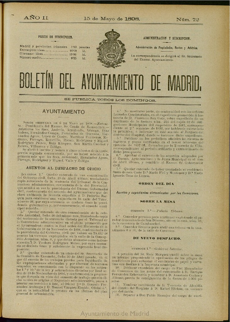 Miniatura de Boletín Oficial del Ayuntamiento de Madrid del 15 de mayo de 1898, nº 72