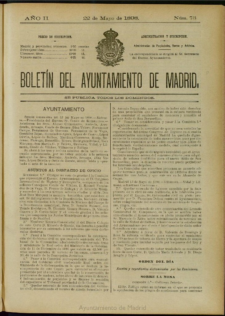 Miniatura de Boletín Oficial del Ayuntamiento de Madrid del 22 de mayo de 1898, nº 73