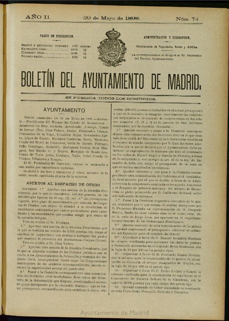Miniatura de Boletín Oficial del Ayuntamiento de Madrid del 29 de mayo de 1898, nº 74