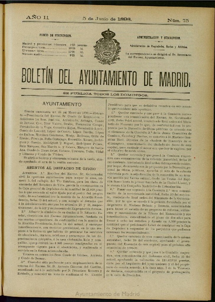 Miniatura de Boletín Oficial del Ayuntamiento de Madrid del 5 de junio de 1898, nº 75