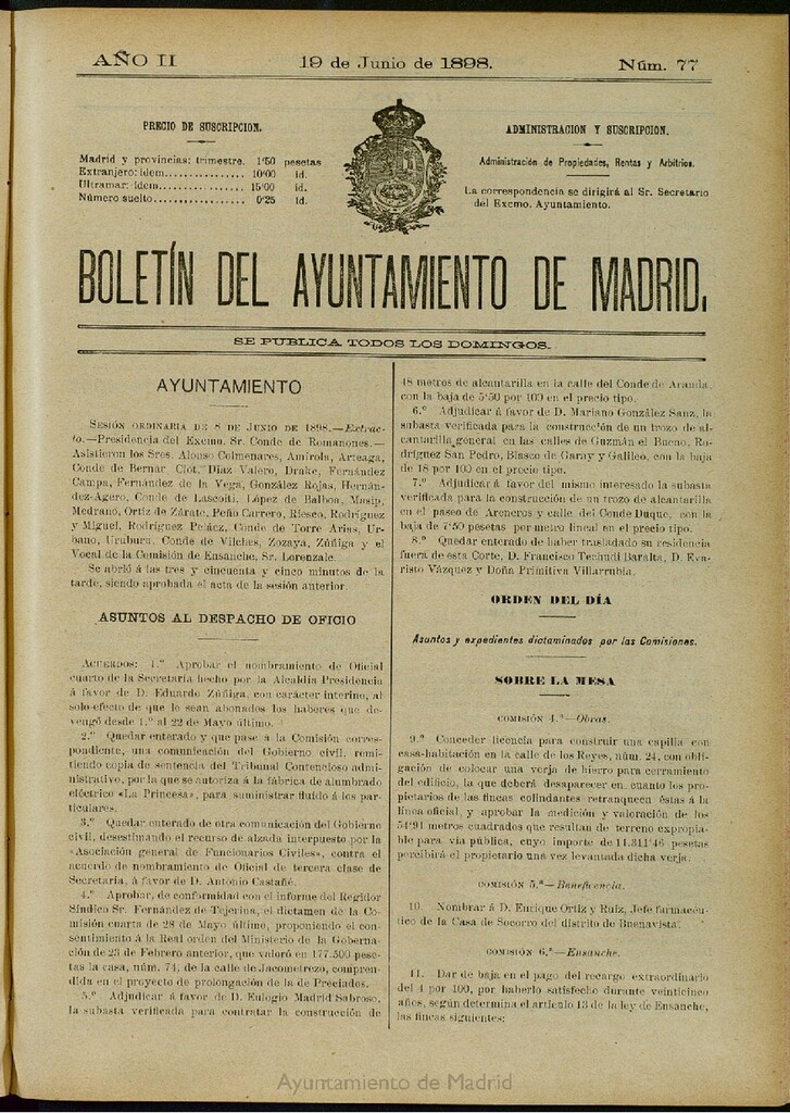 Miniatura de Boletín Oficial del Ayuntamiento de Madrid del 19 de junio de 1898, nº 77