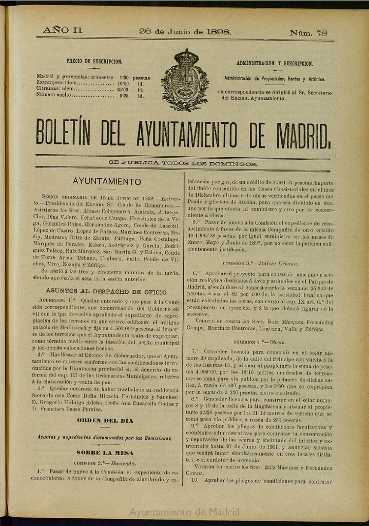 Miniatura de Boletín Oficial del Ayuntamiento de Madrid del 26 de junio de 1898, nº 78