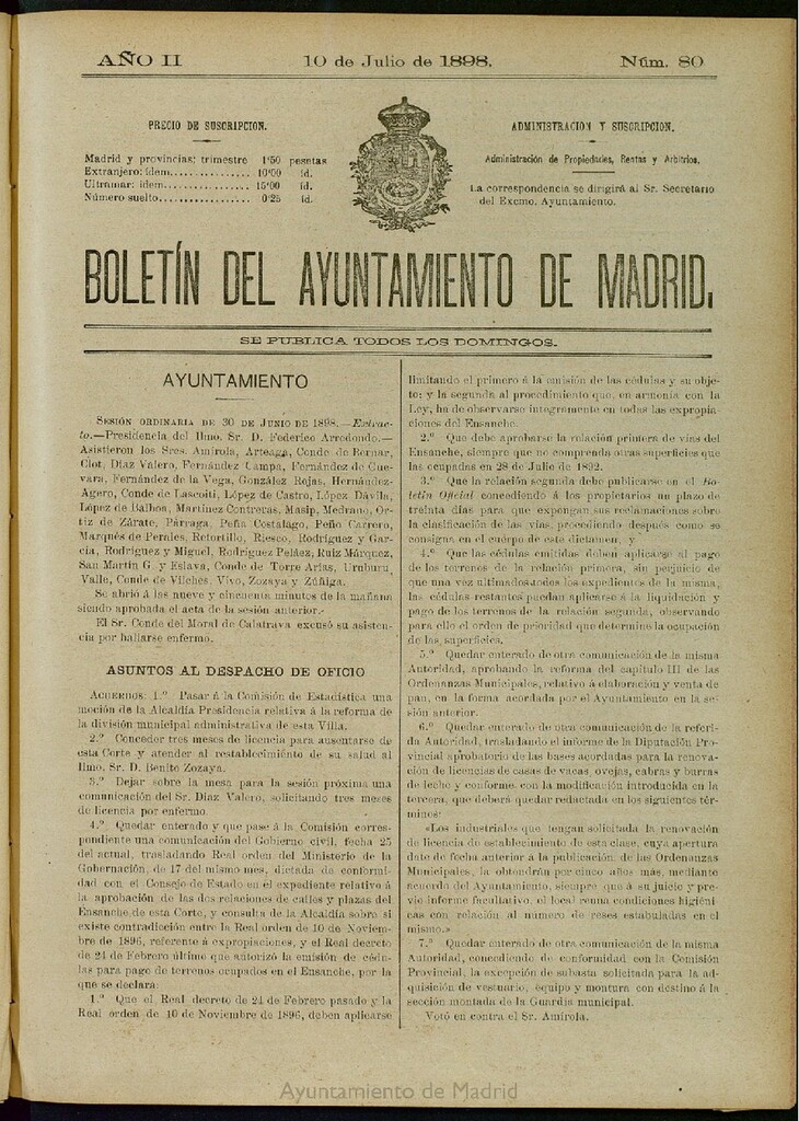 Miniatura de Boletín Oficial del Ayuntamiento de Madrid del 10 de julio de 1898, nº 80