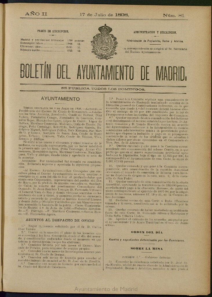Miniatura de Boletín Oficial del Ayuntamiento de Madrid del 17 de julio de 1898, nº 81