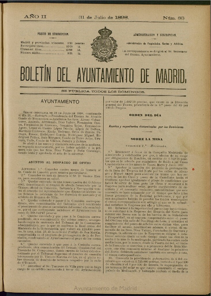 Miniatura de Boletín Oficial del Ayuntamiento de Madrid del 31 de julio de 1898, nº 83