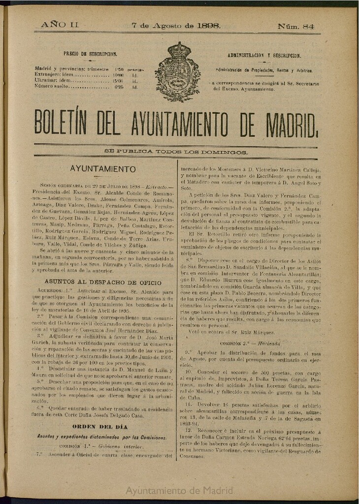 Miniatura de Boletín Oficial del Ayuntamiento de Madrid del 7 de agosto de 1898, nº 84