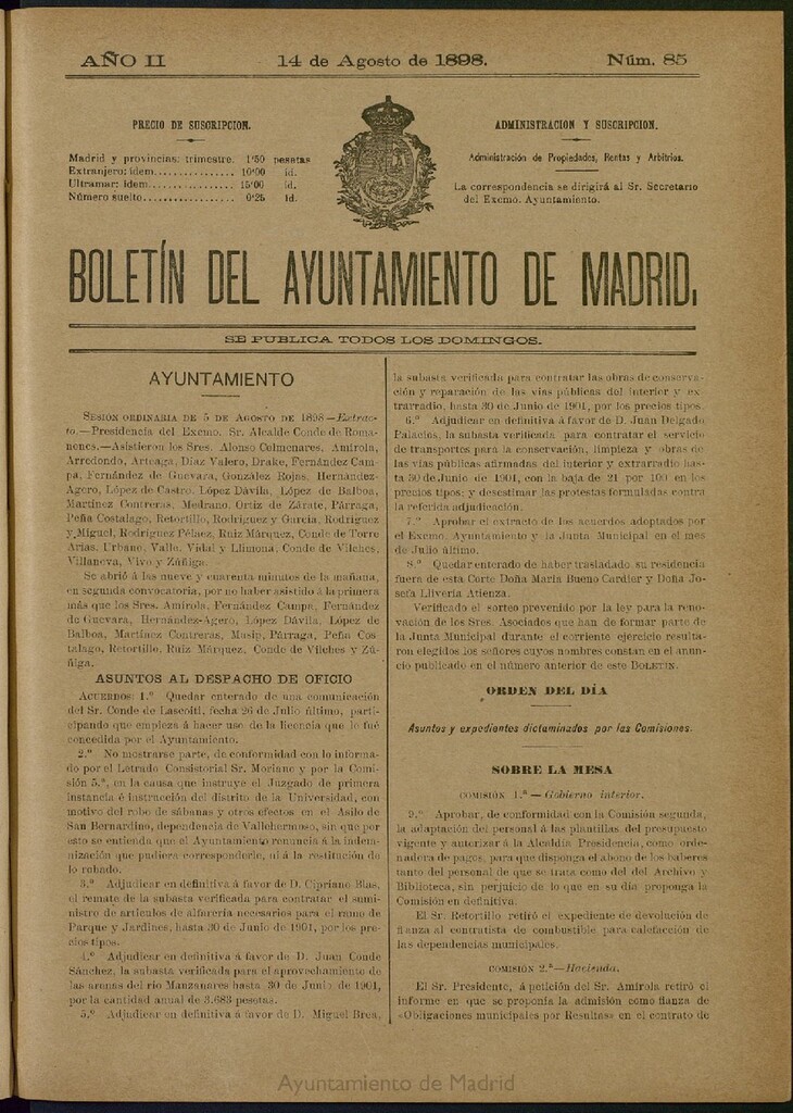 Miniatura de Boletín Oficial del Ayuntamiento de Madrid del 14 de agosto de 1898, nº 85