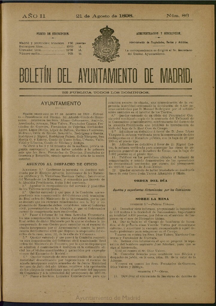 Miniatura de Boletín Oficial del Ayuntamiento de Madrid del 21 de agosto de 1898, nº 86