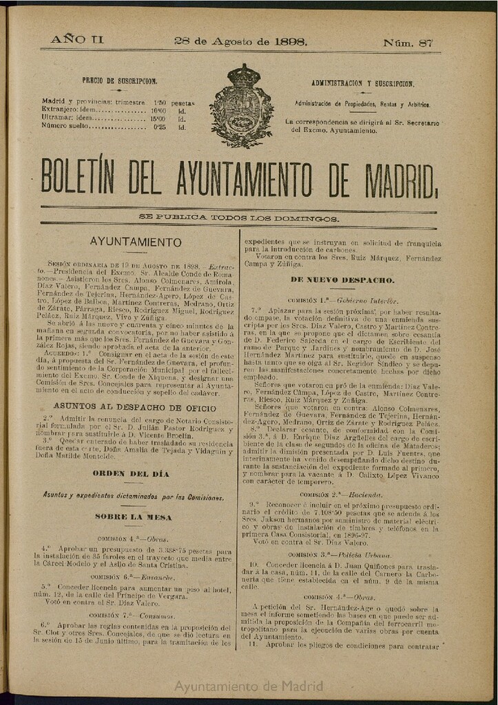Miniatura de Boletín Oficial del Ayuntamiento de Madrid del 28 de agosto de 1898, nº 87