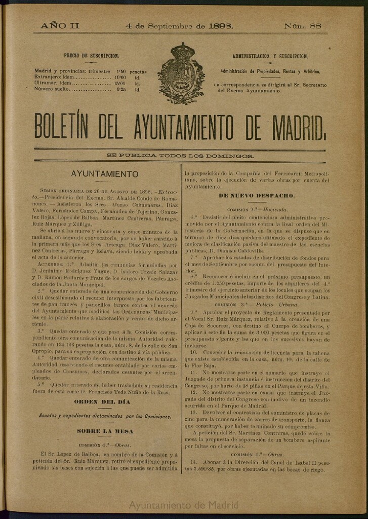 Miniatura de Boletín Oficial del Ayuntamiento de Madrid del 4 de septiembre de 1898, nº 88