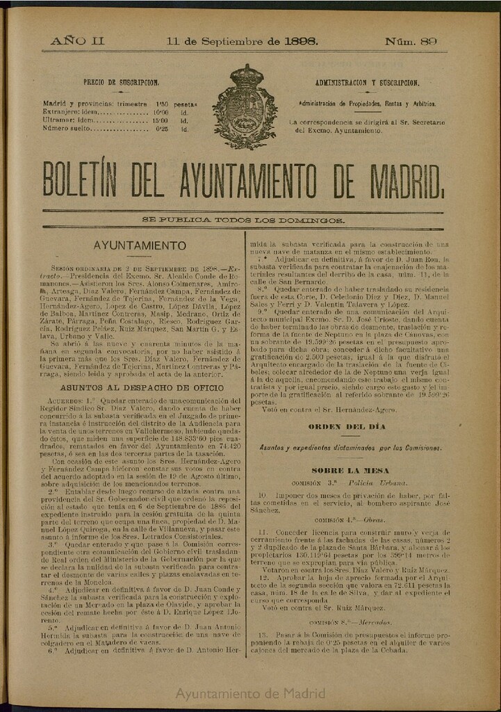 Miniatura de Boletín Oficial del Ayuntamiento de Madrid del 11 de septiembre de 1898, nº 89
