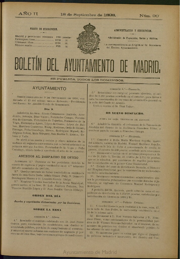 Miniatura de Boletín Oficial del Ayuntamiento de Madrid del 18 de septiembre de 1898, nº 90