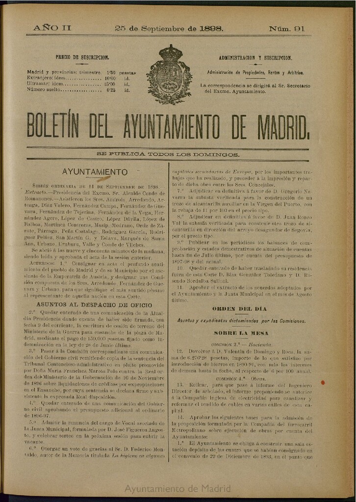 Miniatura de Boletín Oficial del Ayuntamiento de Madrid del 25 de septiembre de 1898, nº 91