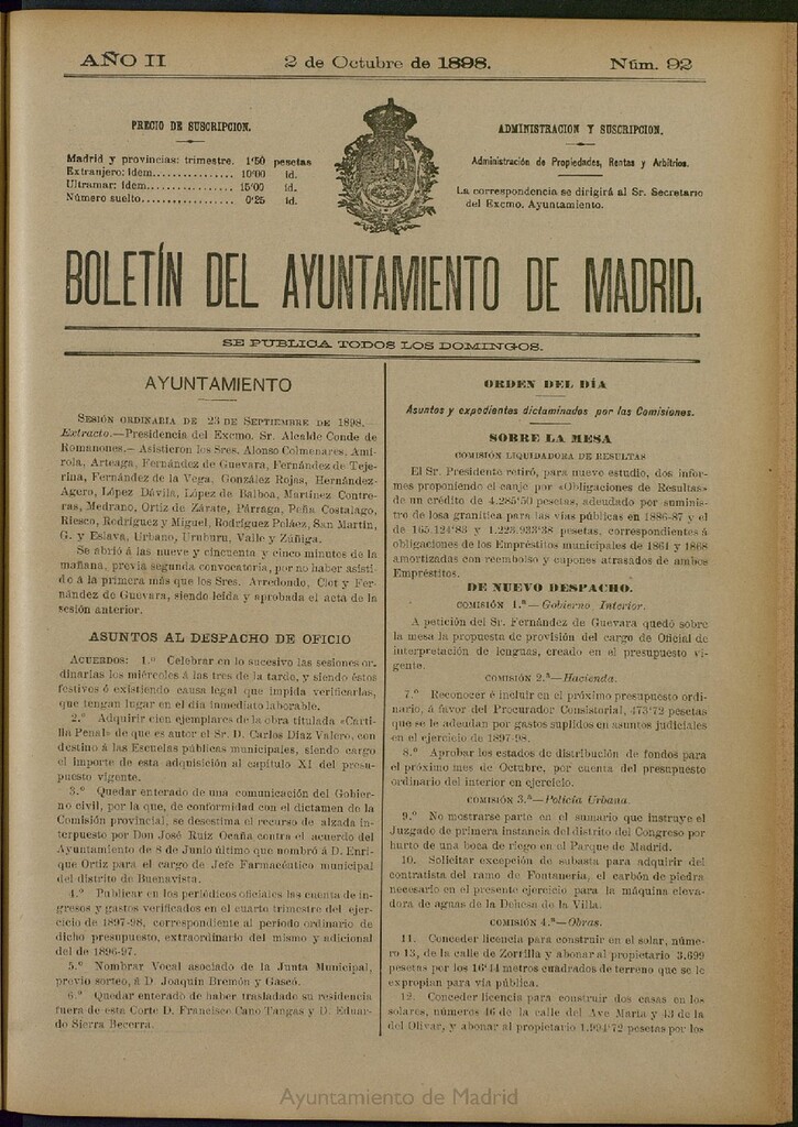 Miniatura de Boletín Oficial del Ayuntamiento de Madrid del 2 de octubre de 1898, nº 92