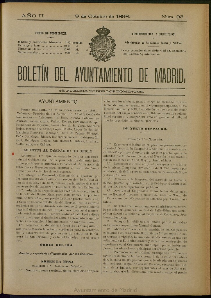 Miniatura de Boletín Oficial del Ayuntamiento de Madrid del 9 de octubre de 1898, nº 93