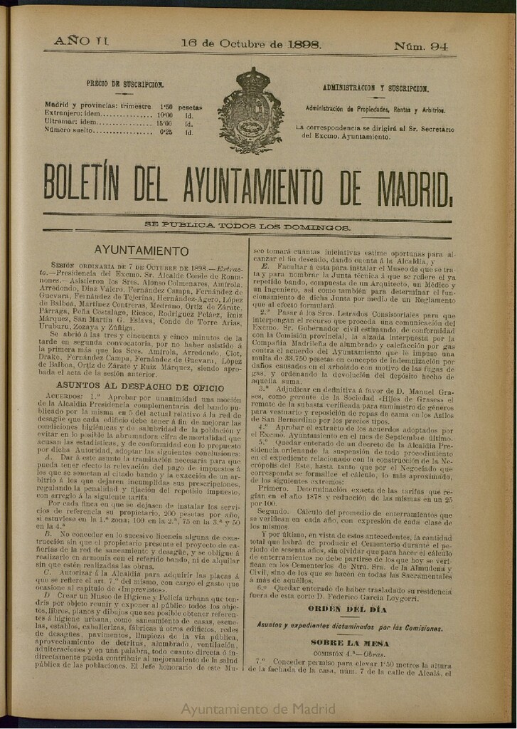Miniatura de Boletín Oficial del Ayuntamiento de Madrid del 16 de octubre de 1898, nº 94