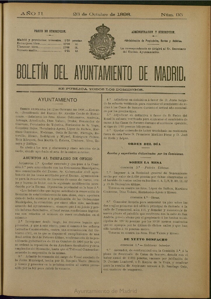 Miniatura de Boletín Oficial del Ayuntamiento de Madrid del 23 de octubre de 1898, nº 95