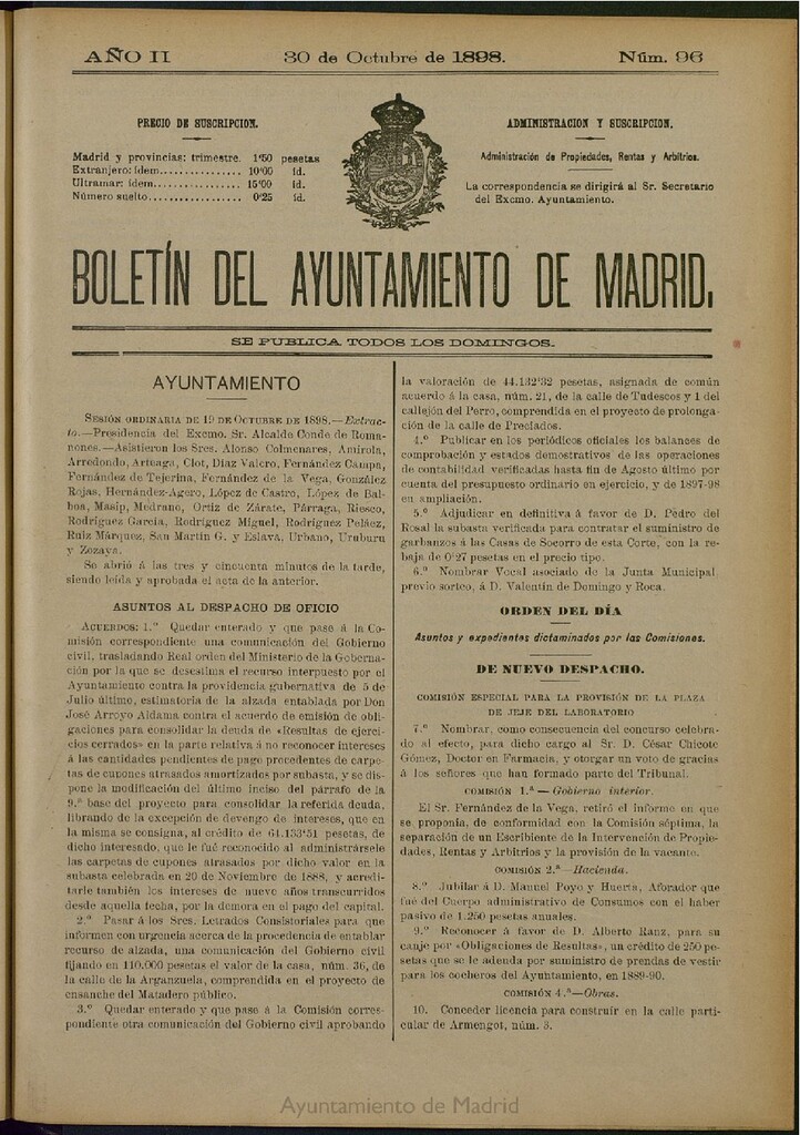 Miniatura de Boletín Oficial del Ayuntamiento de Madrid del 30 de octubre de 1898, nº 96