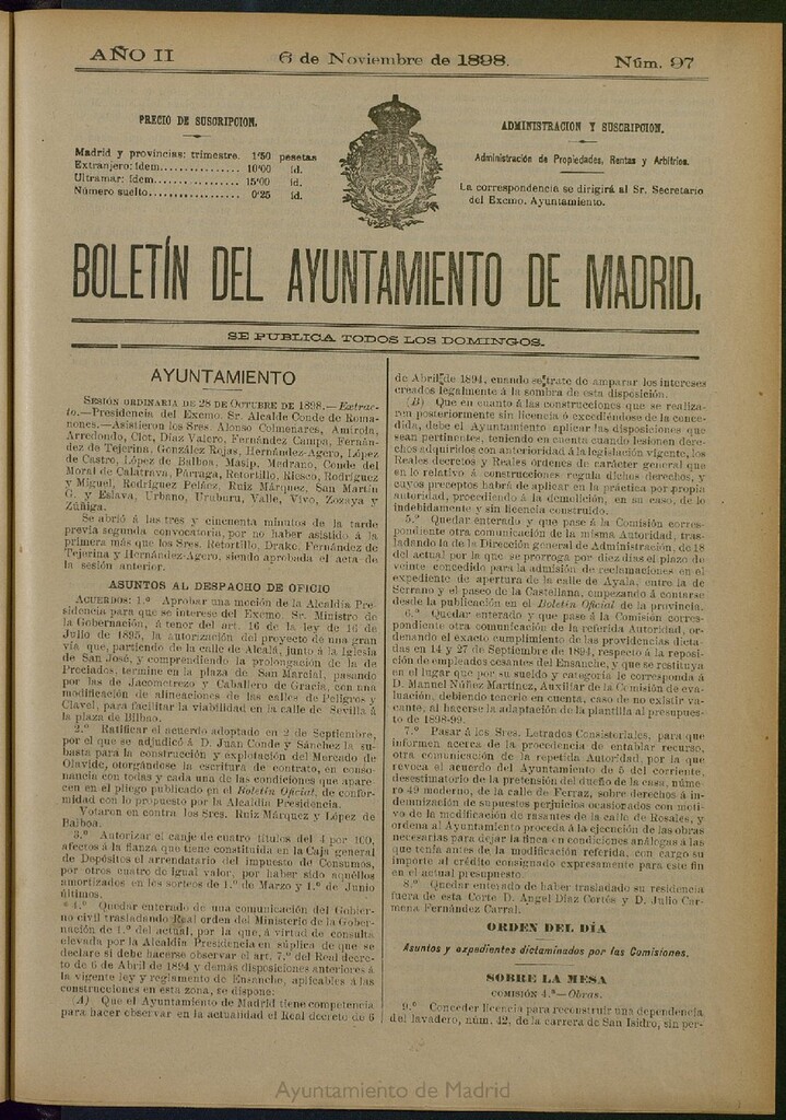 Miniatura de Boletín Oficial del Ayuntamiento de Madrid del 6 de noviembre de 1898, nº 97