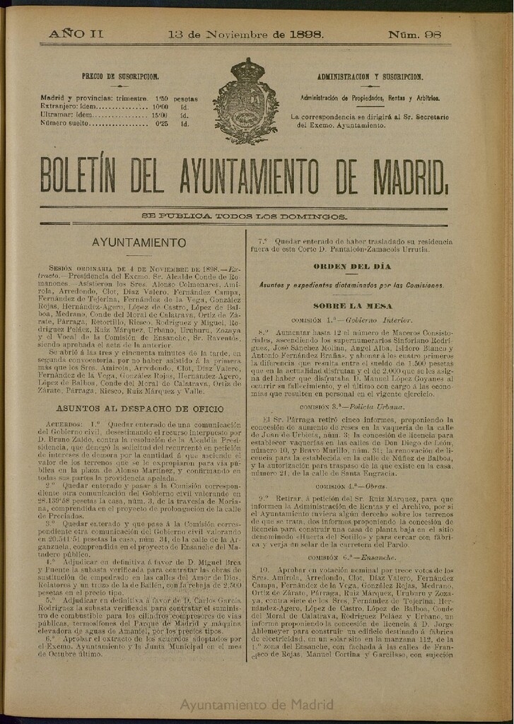 Miniatura de Boletín Oficial del Ayuntamiento de Madrid del 13 de noviembre de 1898, nº 98