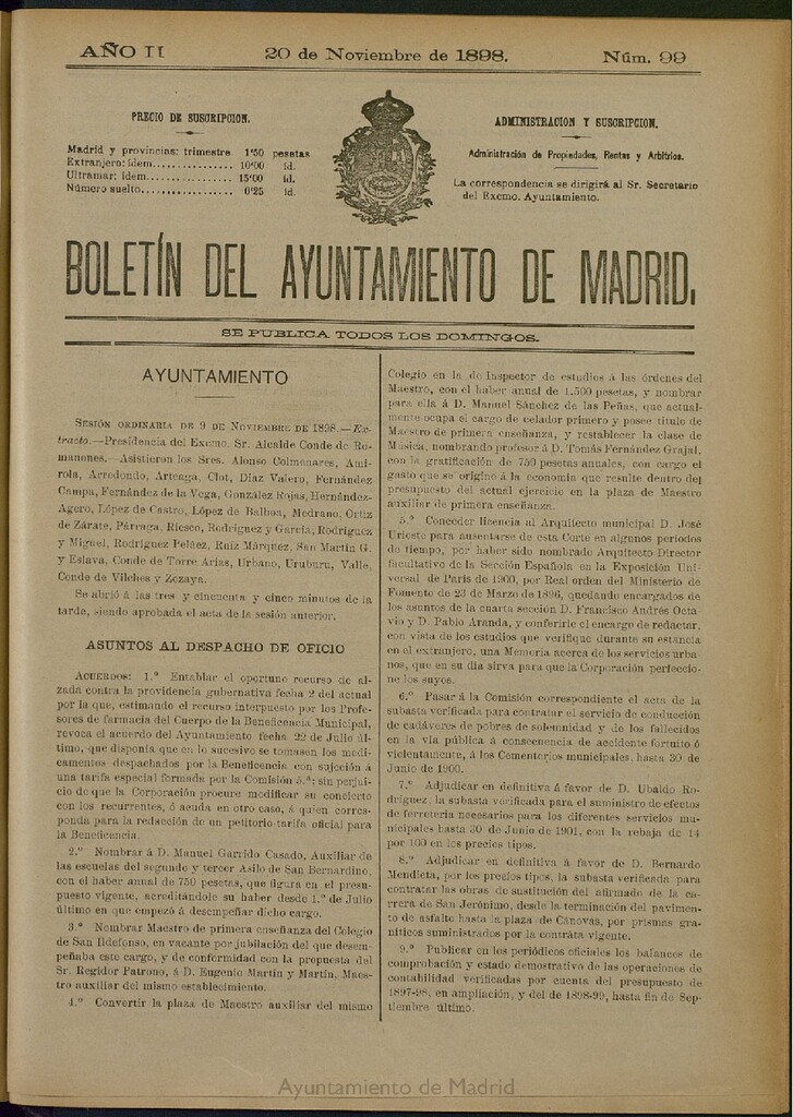 Miniatura de Boletín Oficial del Ayuntamiento de Madrid del 20 de noviembre de 1898, nº 99