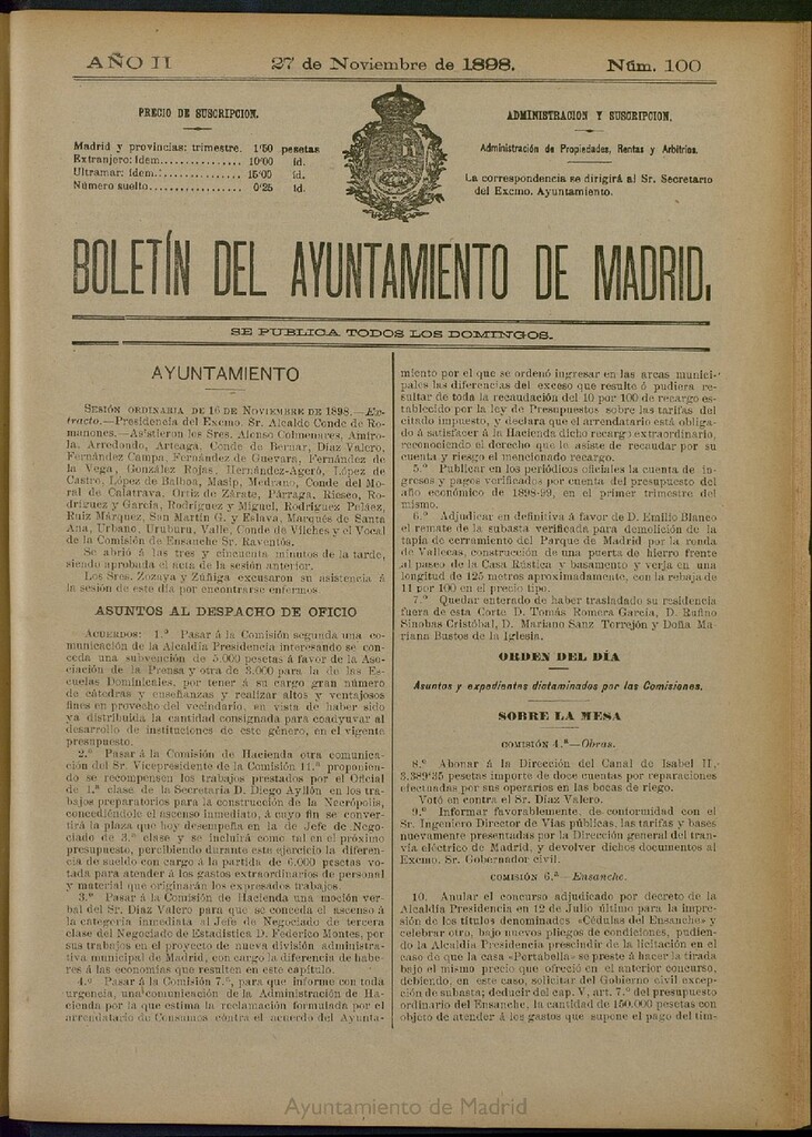Miniatura de Boletín Oficial del Ayuntamiento de Madrid del 27 de noviembre de 1898, nº 100